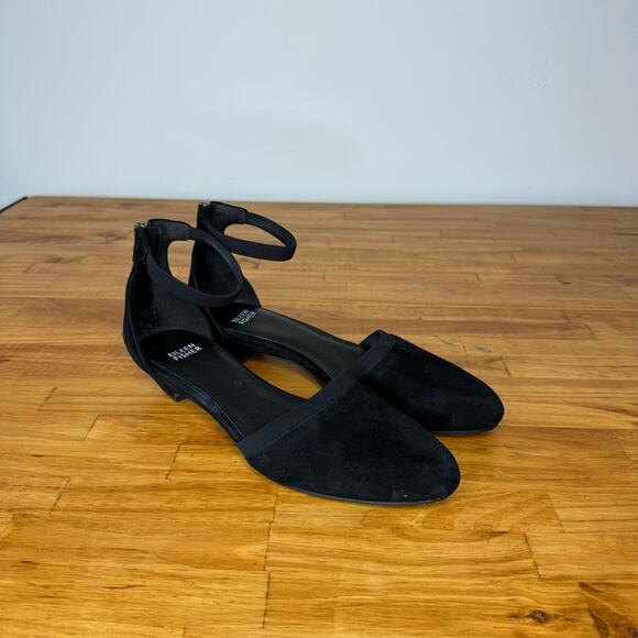 Eileen Fisher Ivie Black Suede Leather Ankle Strap Mesh Trim Heels Size 8.5 - Picture 1 of 5